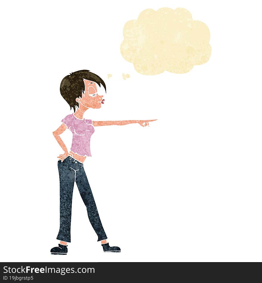 Cartoon Woman Pointing With Thought Bubble