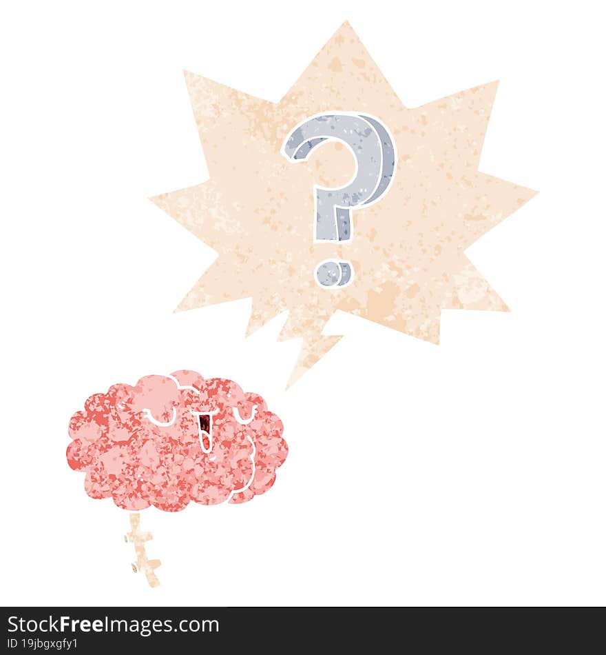 cartoon curious brain and speech bubble in retro textured style