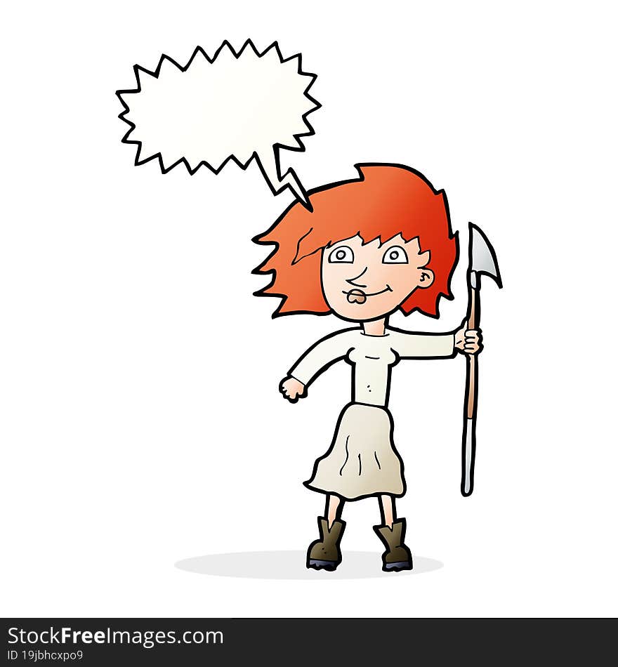 cartoon woman with spear with speech bubble