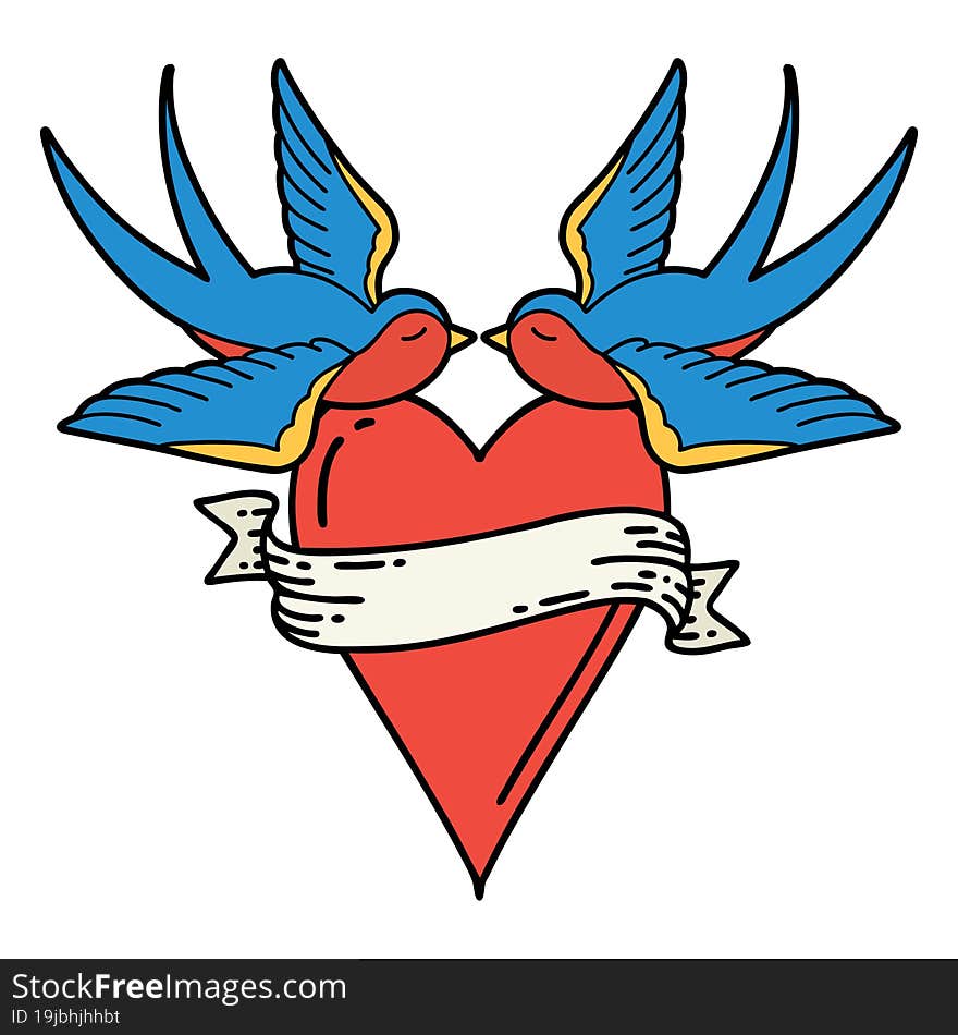 traditional tattoo of a swallows and a heart with banner