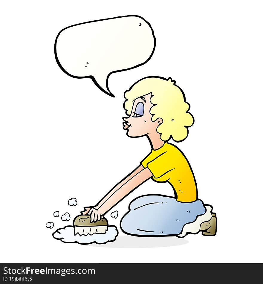 cartoon woman scrubbing floor with speech bubble