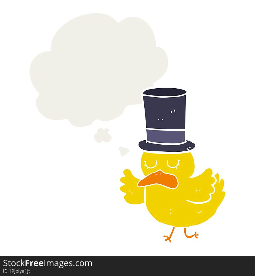 cartoon duck wearing top hat and thought bubble in retro style