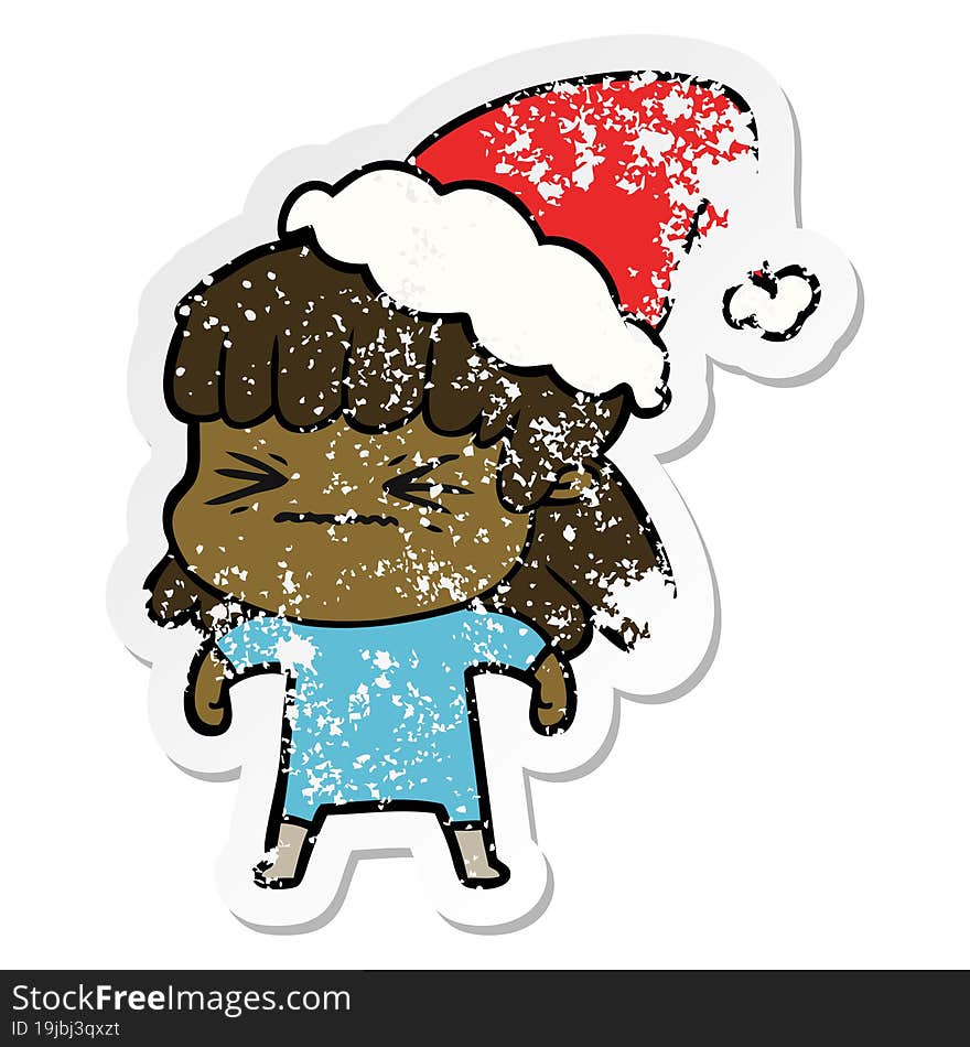 hand drawn distressed sticker cartoon of a woman wearing santa hat