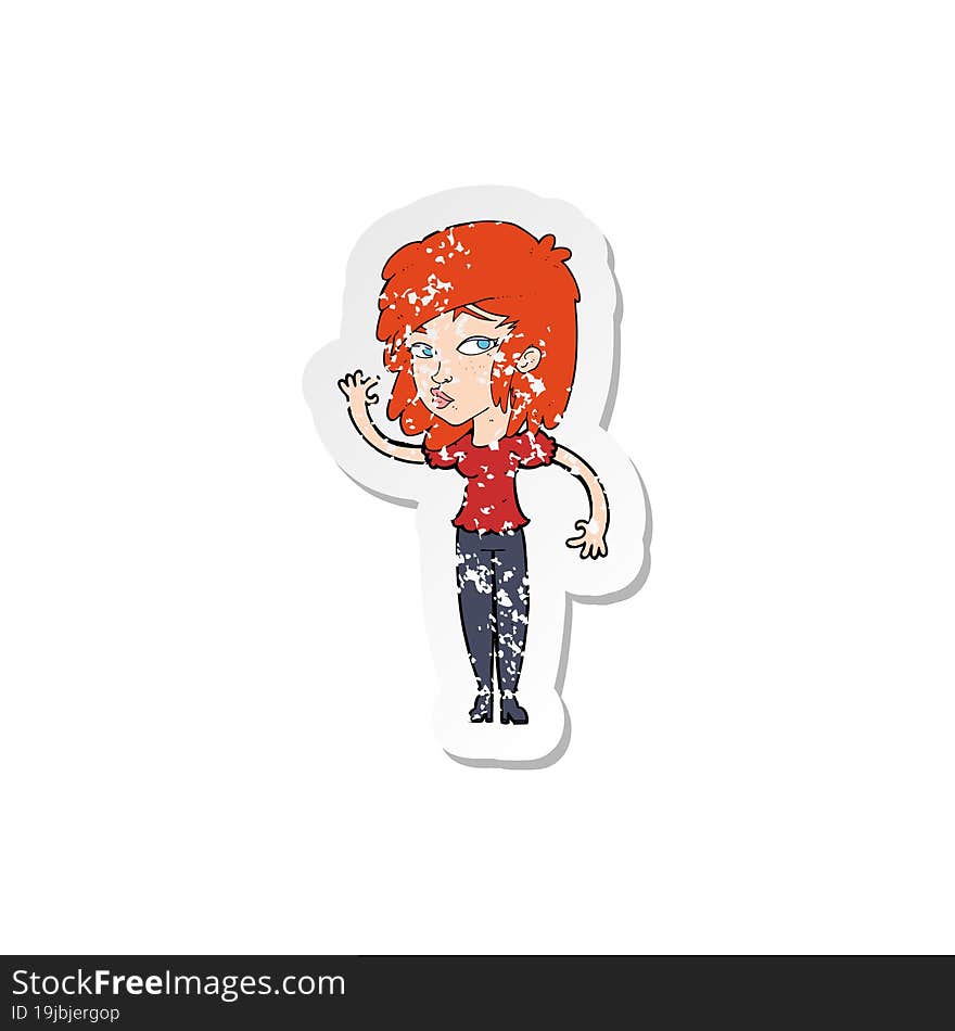 retro distressed sticker of a cartoon pretty woman waving