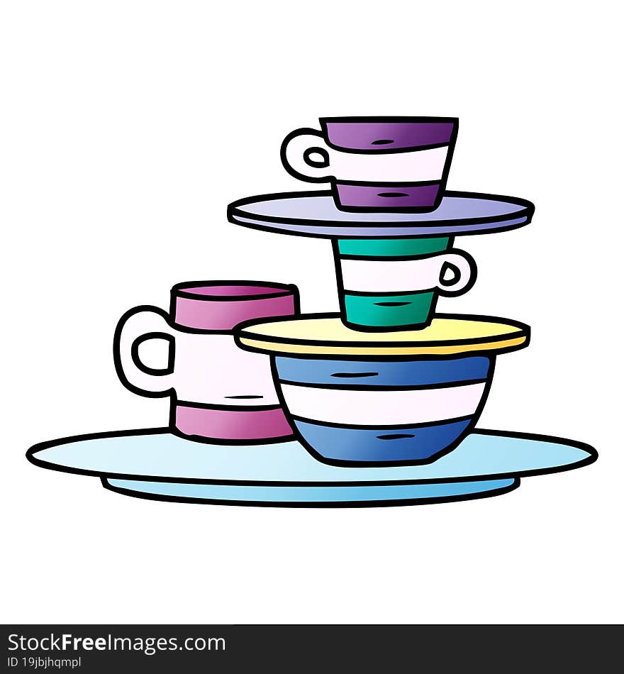 hand drawn gradient cartoon doodle of colourful bowls and plates