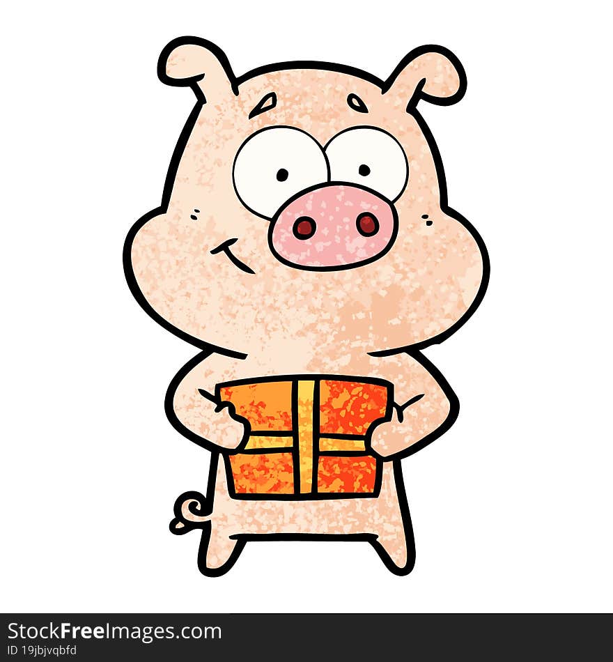 happy cartoon pig holding christmas present. happy cartoon pig holding christmas present