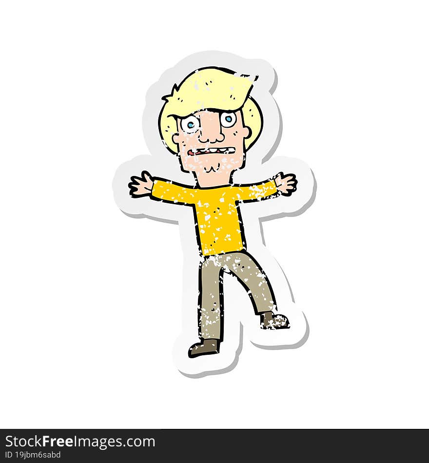 retro distressed sticker of a cartoon boy panicking