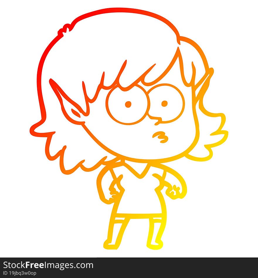 Warm Gradient Line Drawing Cartoon Elf Girl Staring