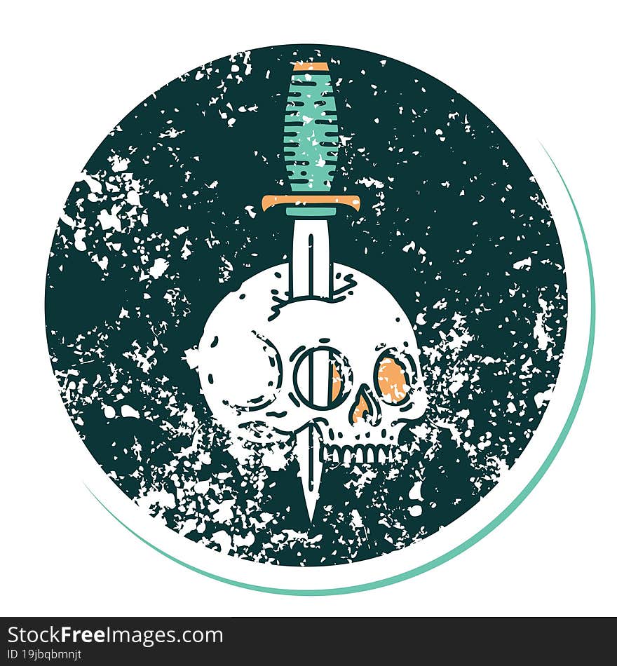 distressed sticker tattoo style icon of a skull and dagger