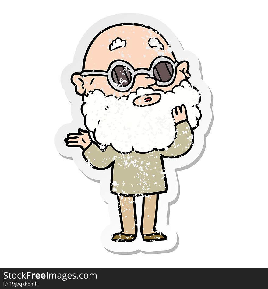 distressed sticker of a cartoon curious man with beard and glasses