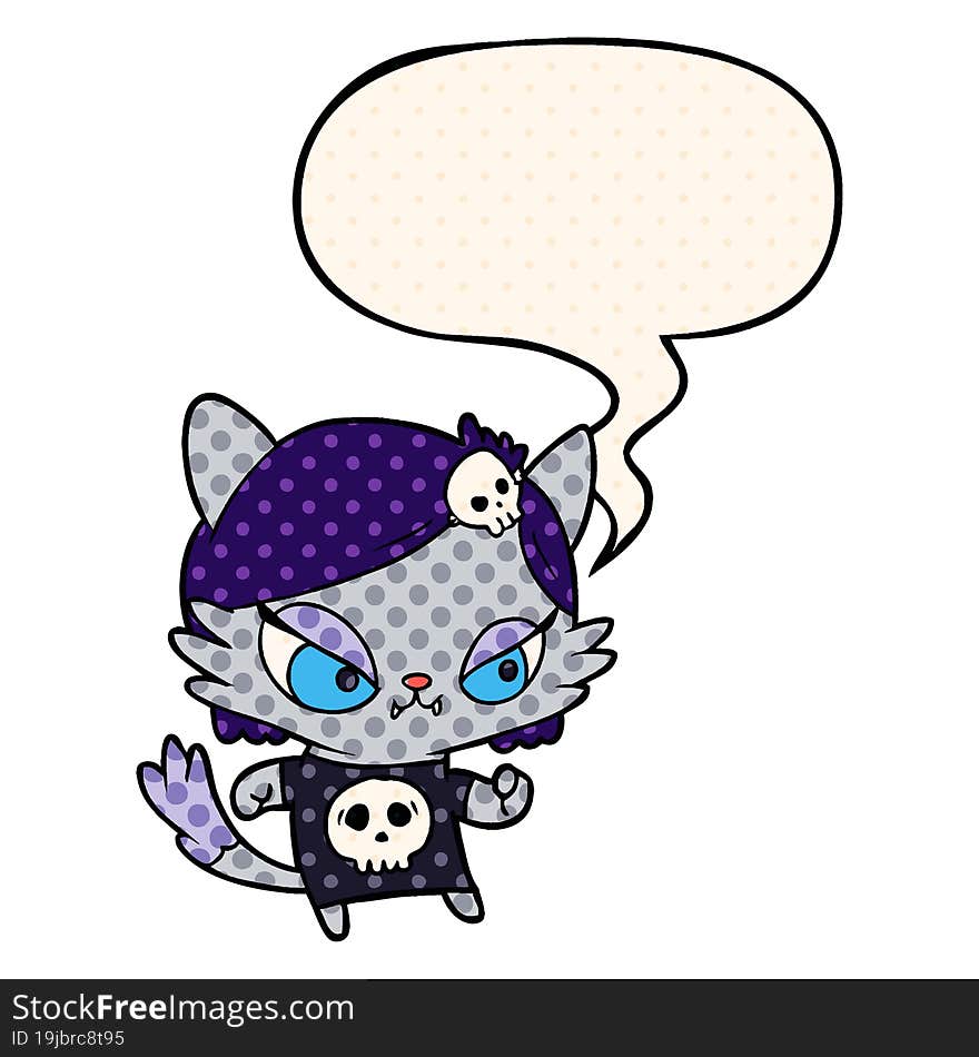 cute cartoon tough cat girl and speech bubble in comic book style