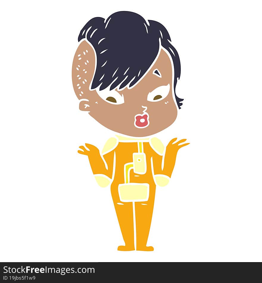 flat color style cartoon surprised girl in science fiction clothes