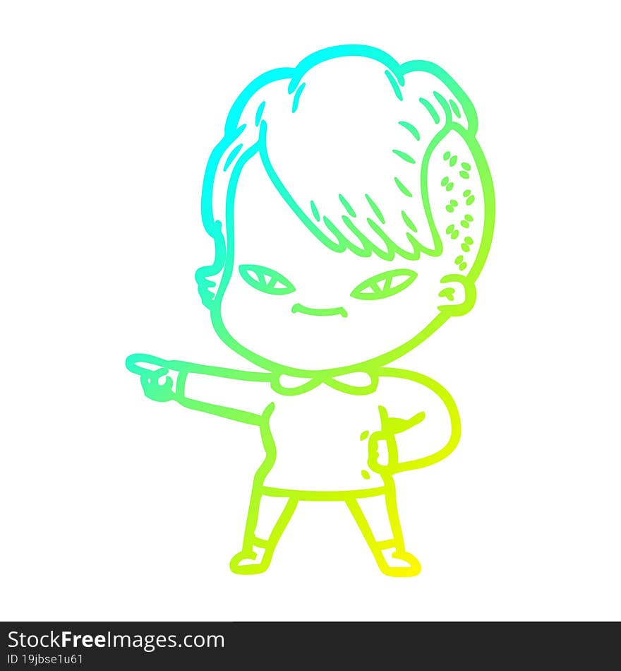 cold gradient line drawing cute cartoon girl with hipster haircut