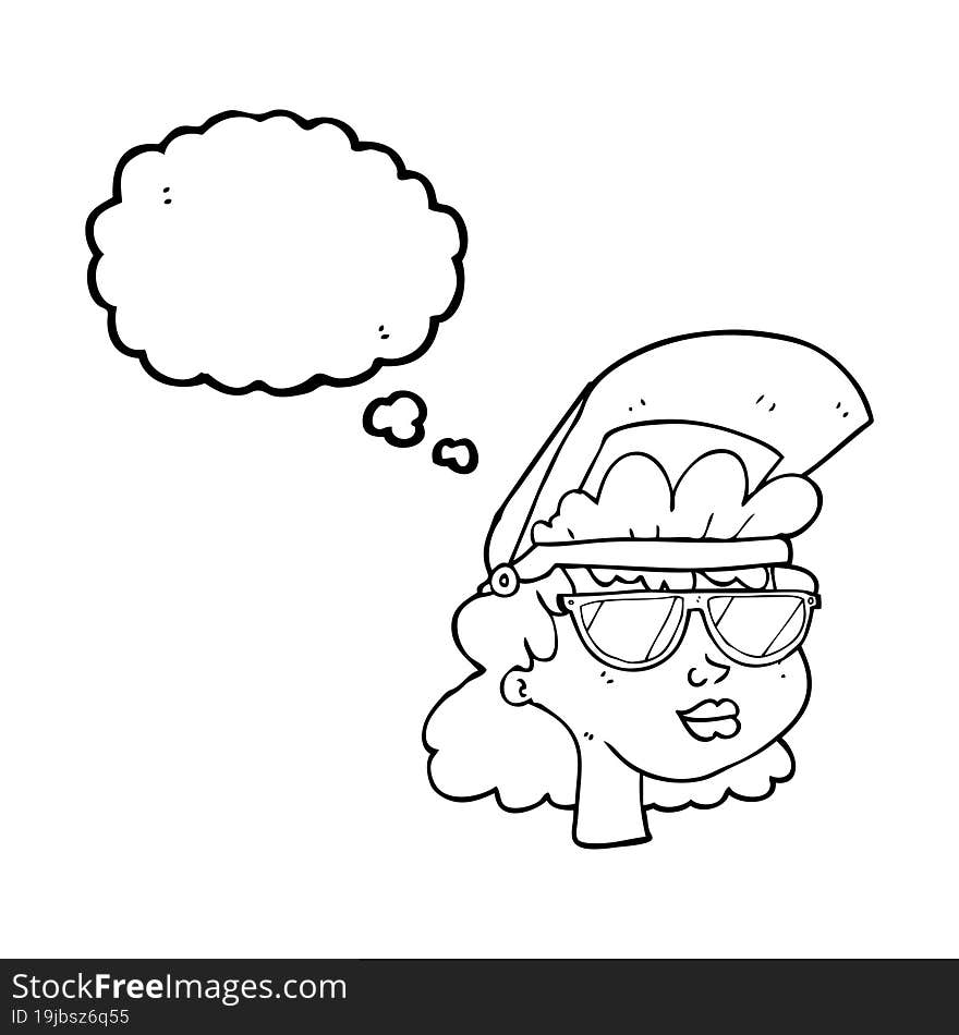 thought bubble cartoon woman with welding mask and glasses