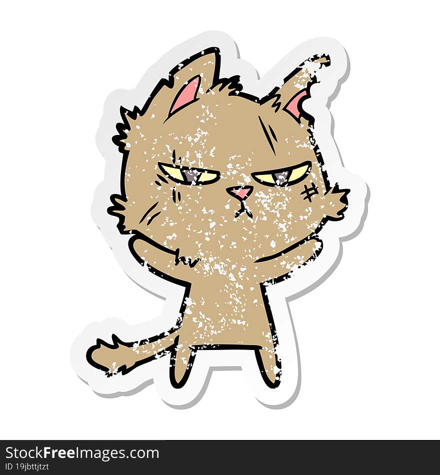 distressed sticker of a tough cartoon cat