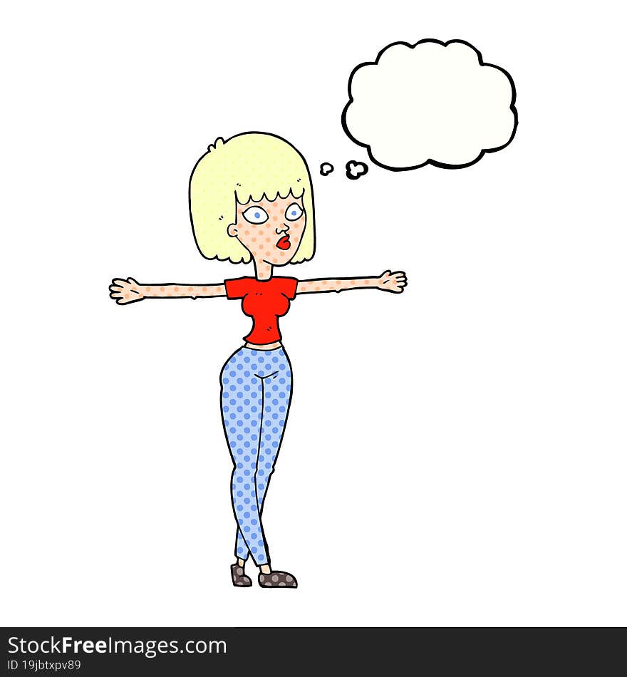 thought bubble cartoon woman spreading arms