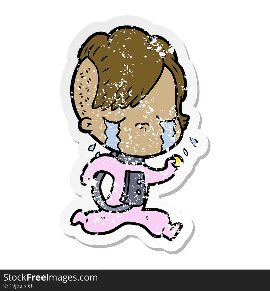 distressed sticker of a cartoon crying girl