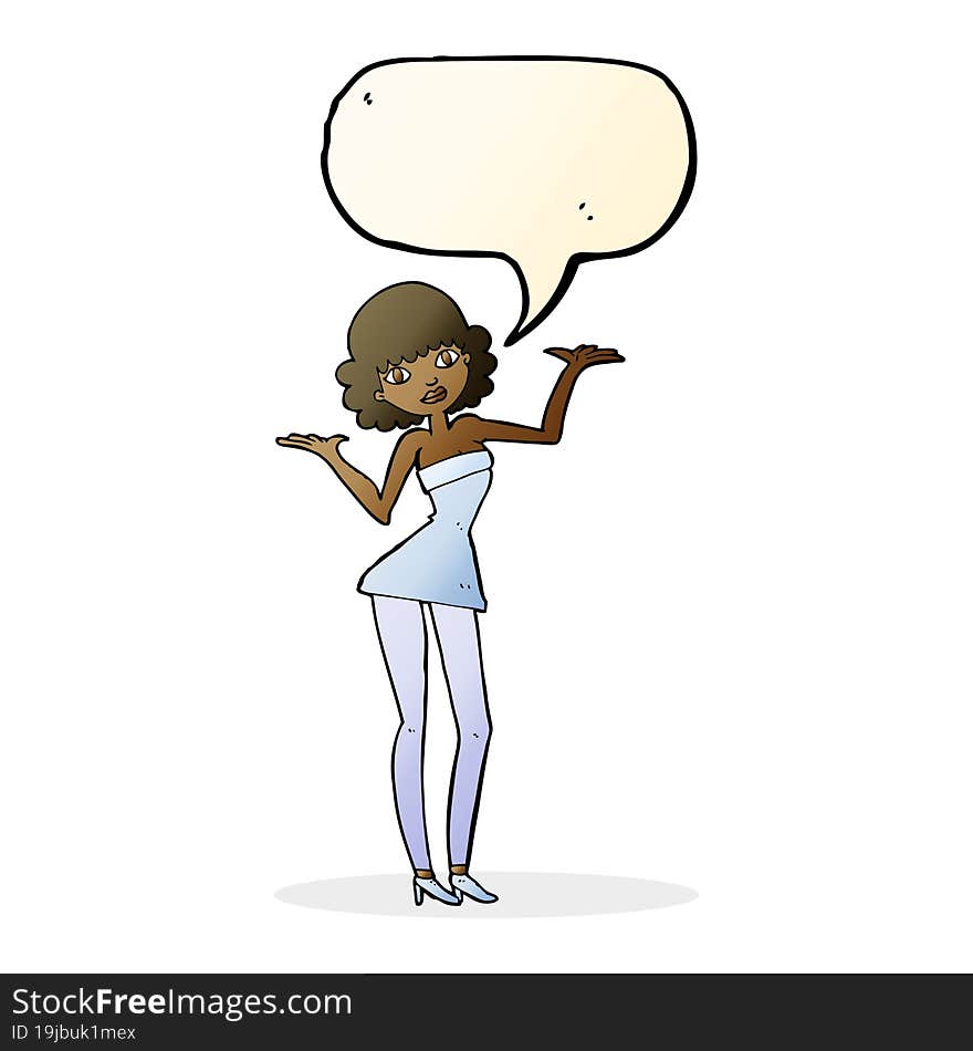 cartoon woman in cocktail dress with speech bubble