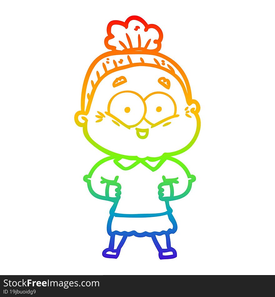 rainbow gradient line drawing of a cartoon happy old woman