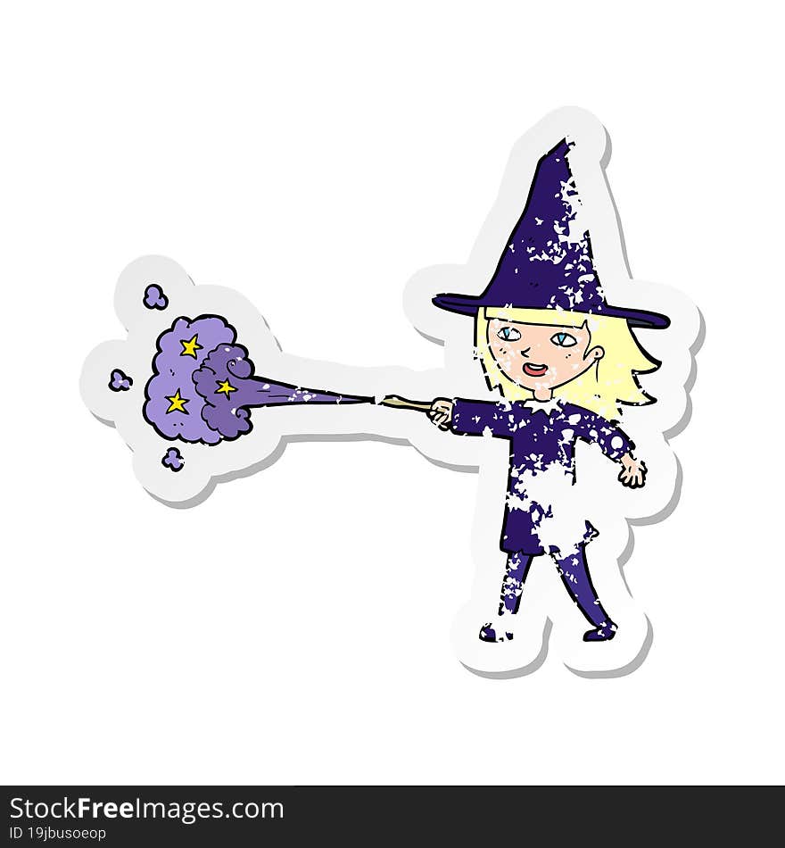 retro distressed sticker of a cartoon witch girl casting spell