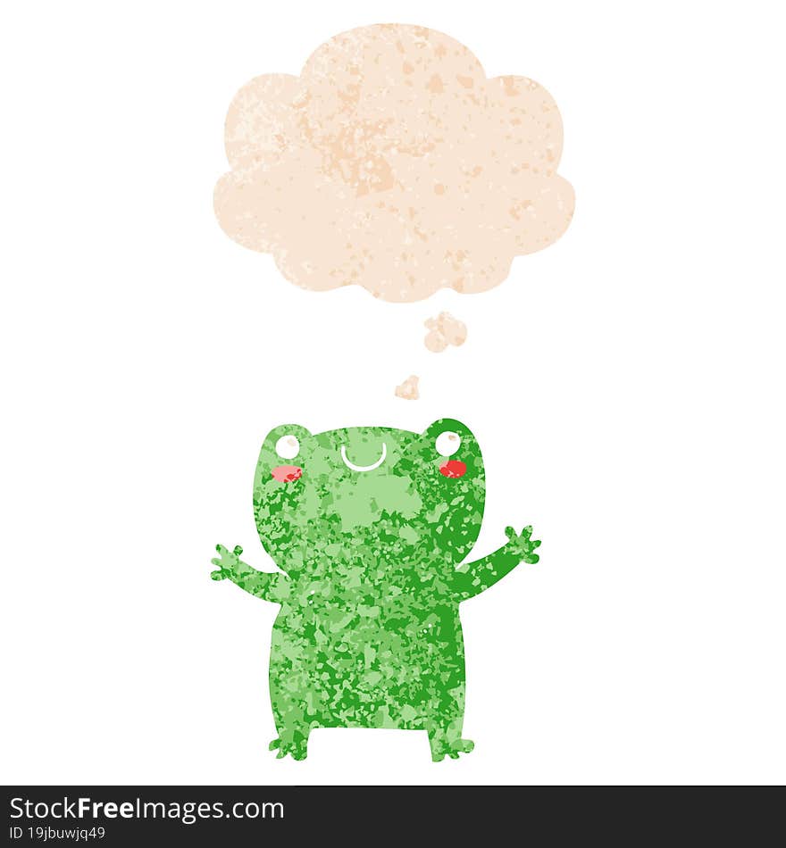 cute cartoon frog with thought bubble in grunge distressed retro textured style. cute cartoon frog with thought bubble in grunge distressed retro textured style