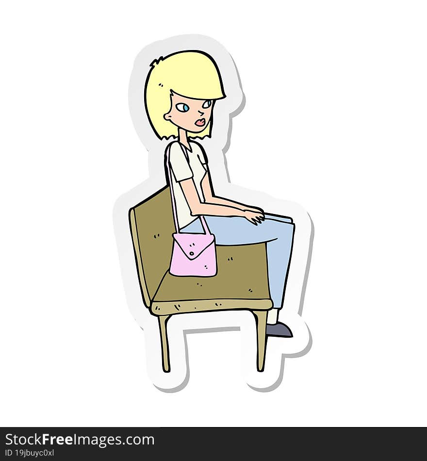 sticker of a cartoon woman sitting on bench