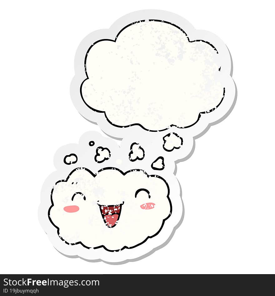 happy cartoon cloud and thought bubble as a distressed worn sticker