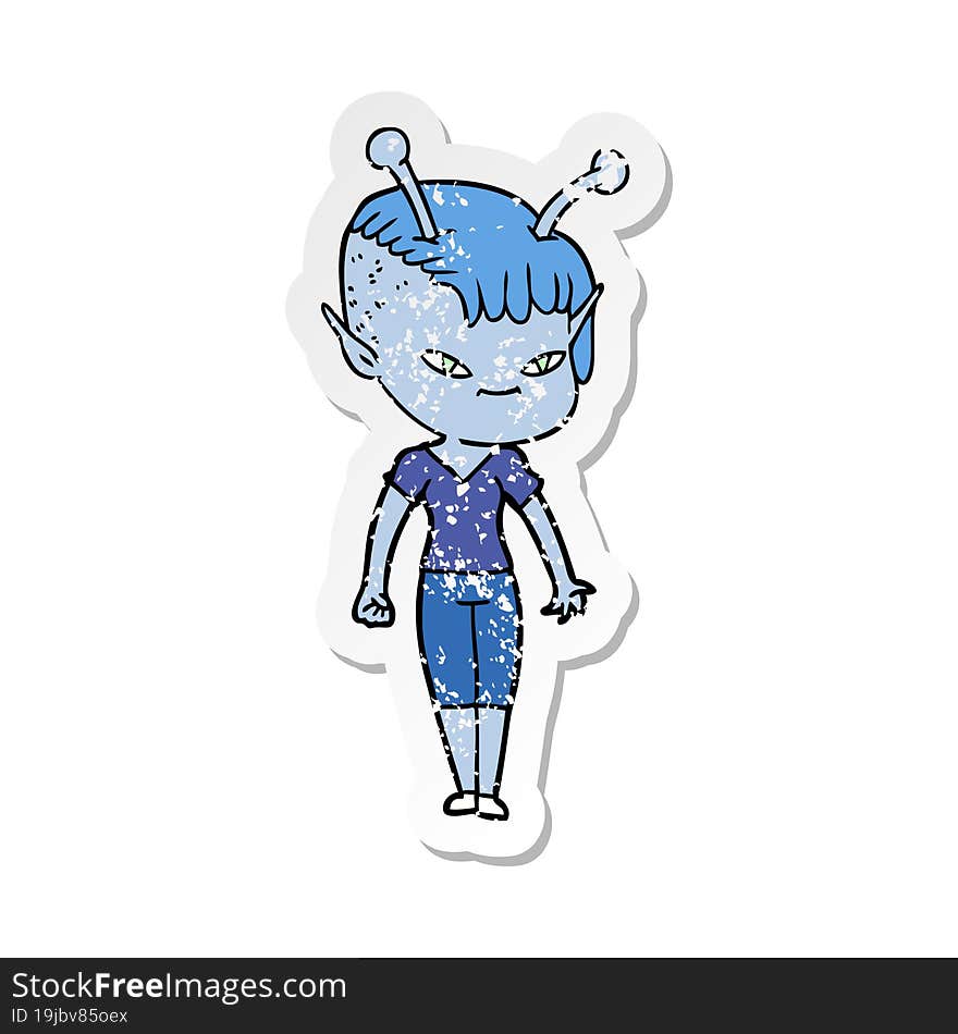 distressed sticker of a cute cartoon alien girl