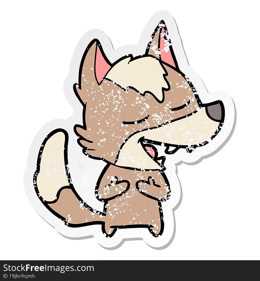 distressed sticker of a cartoon wolf laughing