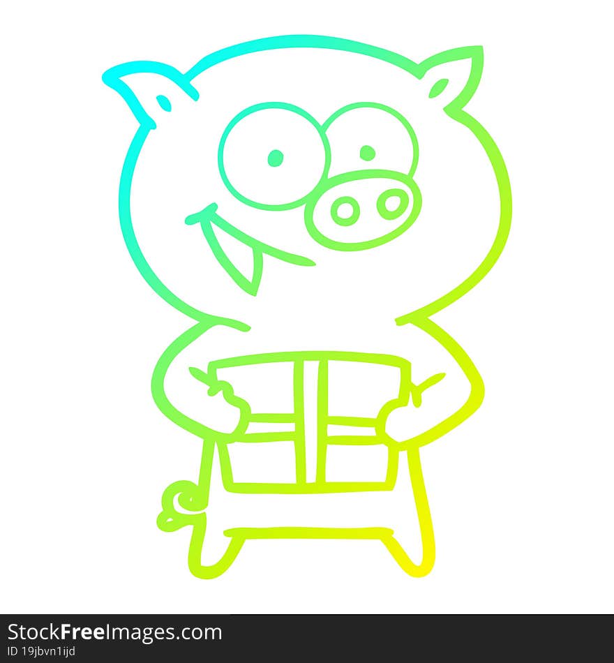 cold gradient line drawing of a cheerful pig with christmas gift