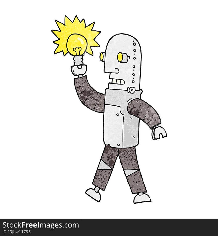 freehand textured cartoon robot with light bulb