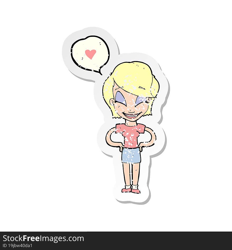 retro distressed sticker of a cartoon woman in love