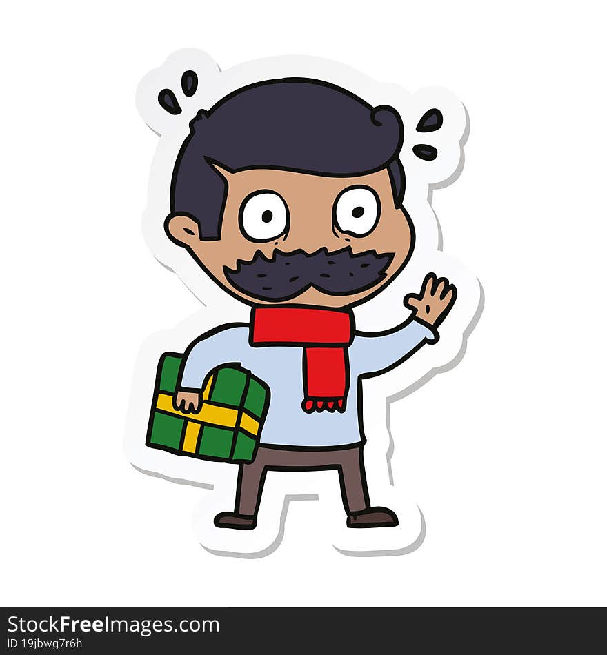 sticker of a cartoon man with mustache and christmas present