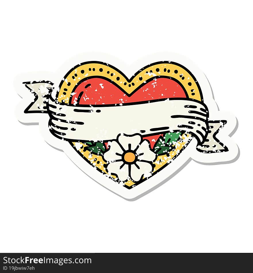 traditional distressed sticker tattoo of a heart and banner with flowers