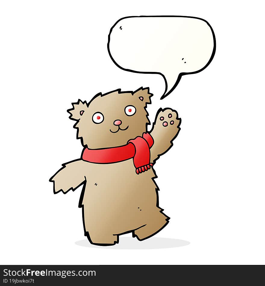 cartoon teddy bear wearing scarf with speech bubble