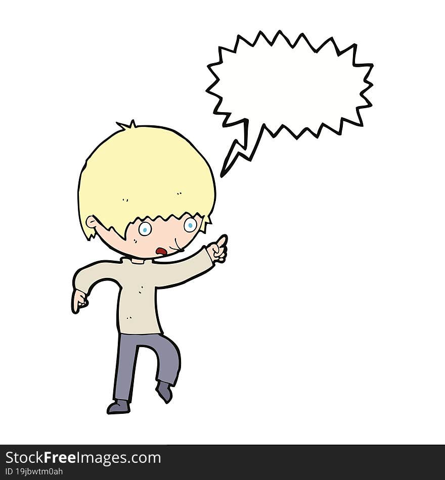 Cartoon Worried Boy Pointing With Speech Bubble