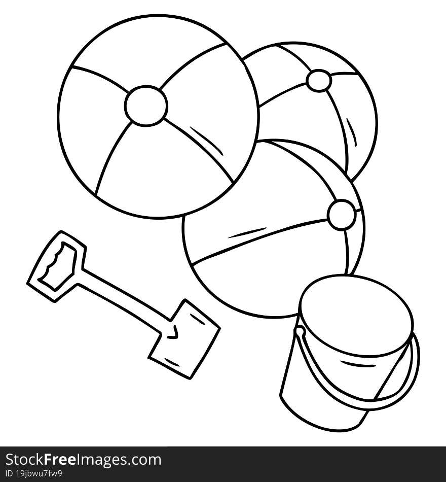 line drawing doodle beach balls with a bucket and spade