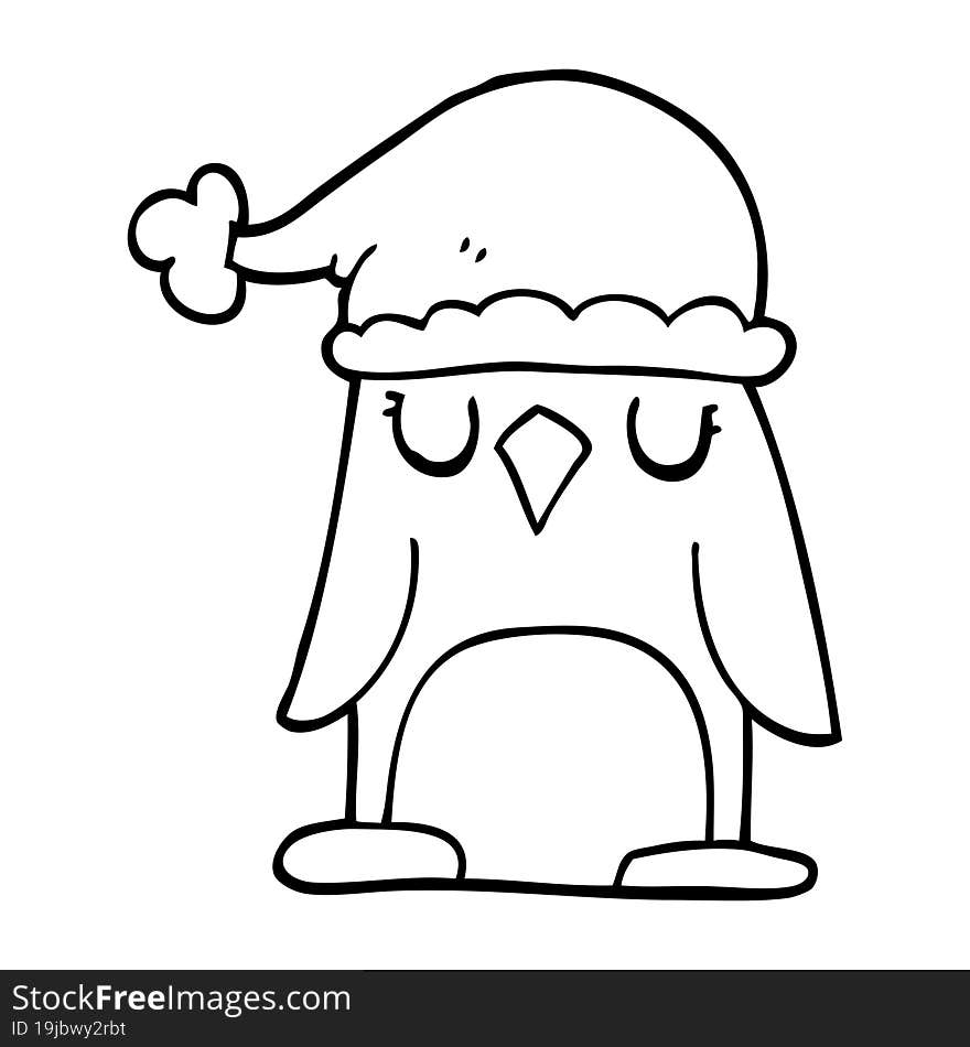 line drawing cartoon penguin wearing christmas hat