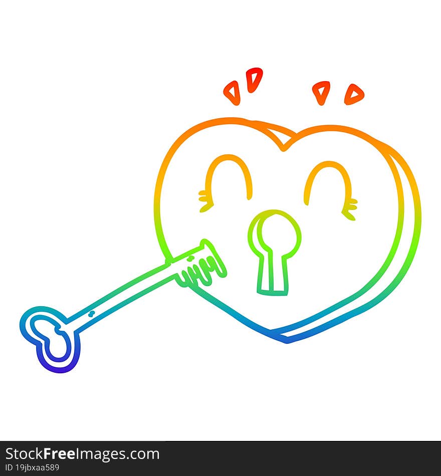 rainbow gradient line drawing of a cartoon heart with key