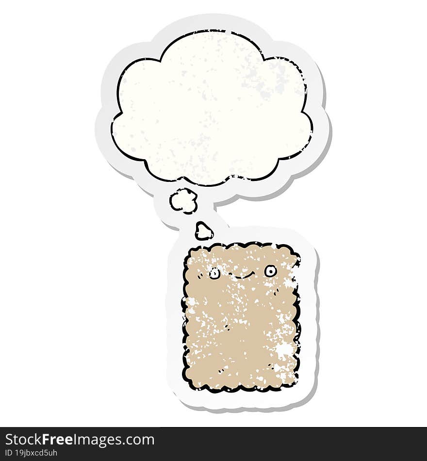 cartoon biscuit and thought bubble as a distressed worn sticker