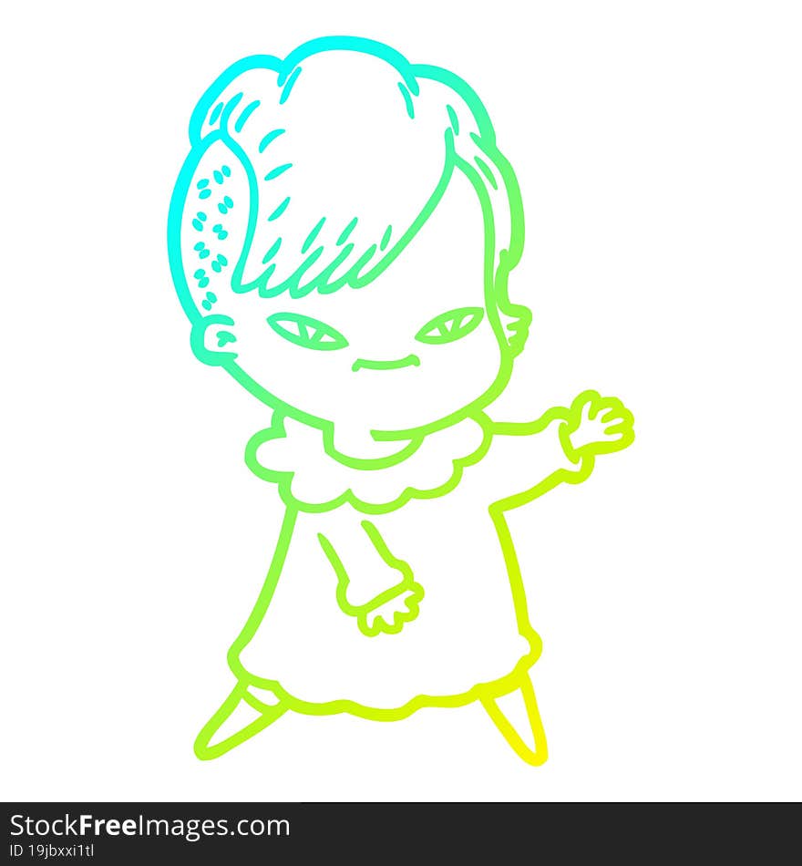 cold gradient line drawing cute cartoon girl with hipster haircut