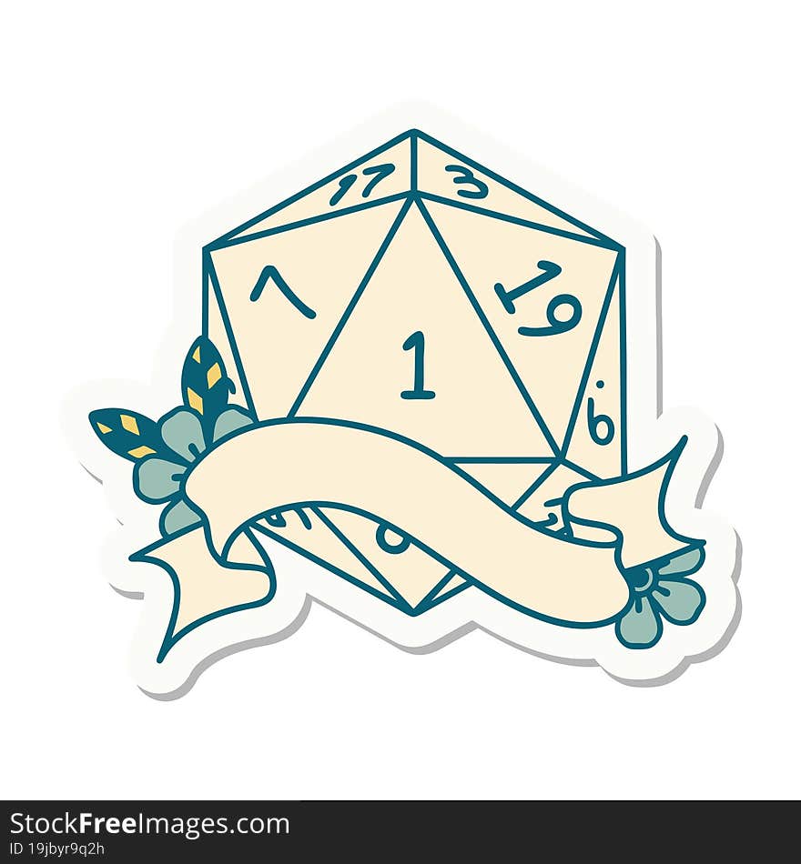 sticker of a natural one d20 dice roll. sticker of a natural one d20 dice roll