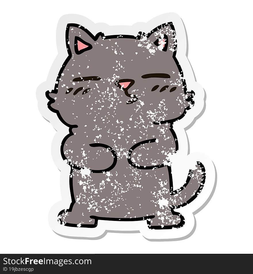 distressed sticker of a quirky hand drawn cartoon cat