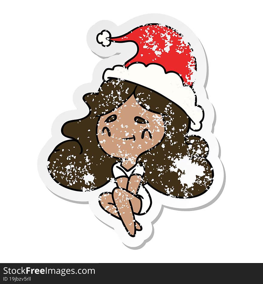 hand drawn christmas distressed sticker cartoon of kawaii girl