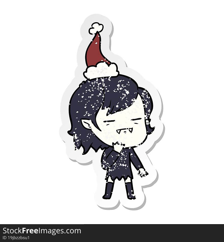 distressed sticker cartoon of a undead vampire girl wearing santa hat