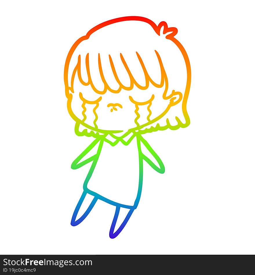 Rainbow Gradient Line Drawing Cartoon Woman Crying