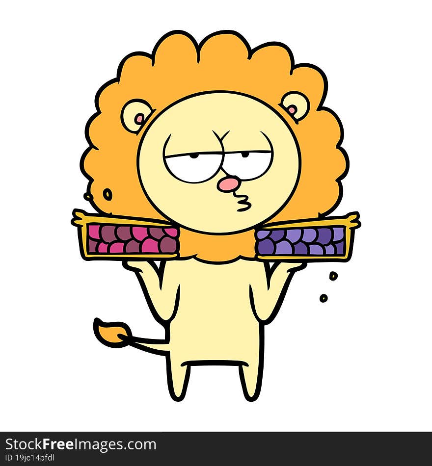 cartoon bored lion with pies. cartoon bored lion with pies