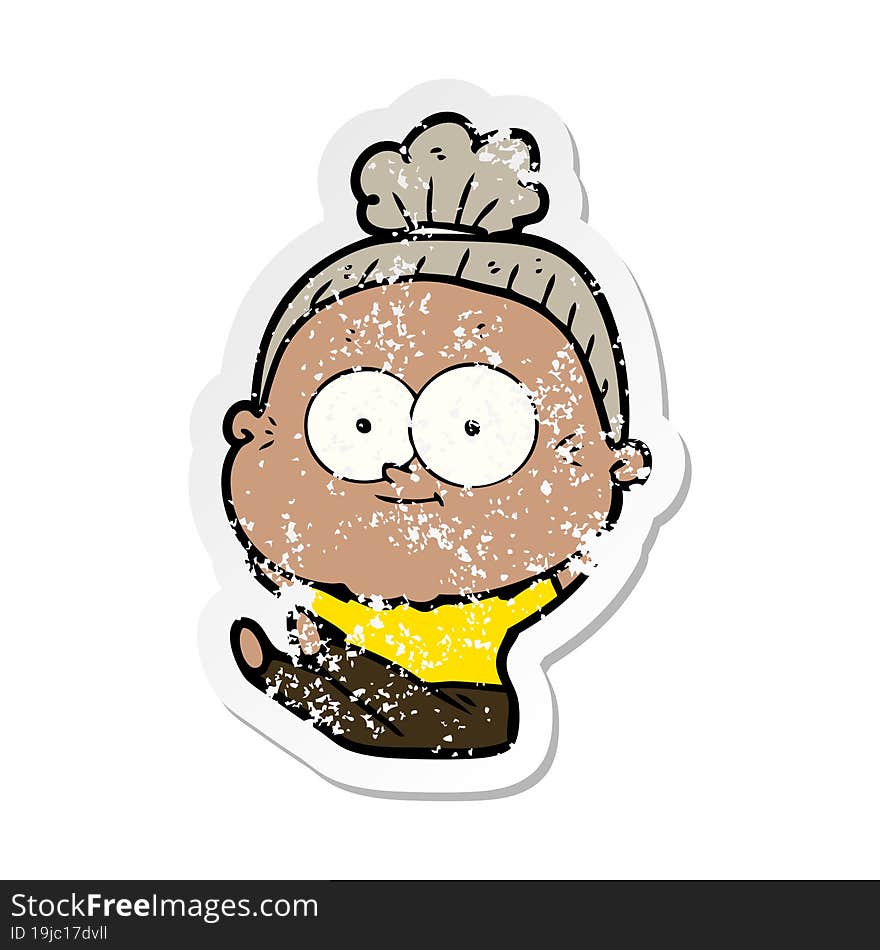 Distressed Sticker Of A Cartoon Happy Old Woman