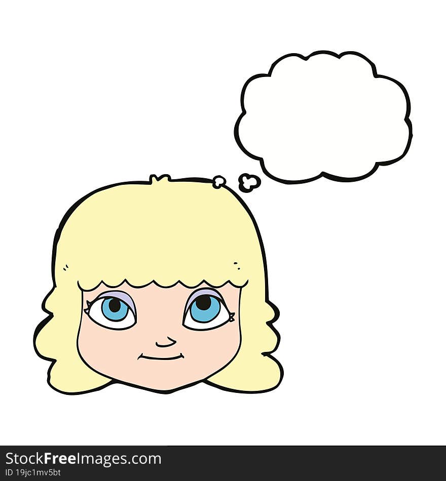 cartoon happy female face with thought bubble