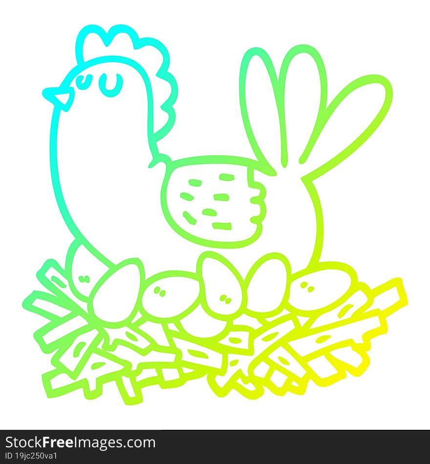 cold gradient line drawing of a cartoon chicken on nest of eggs